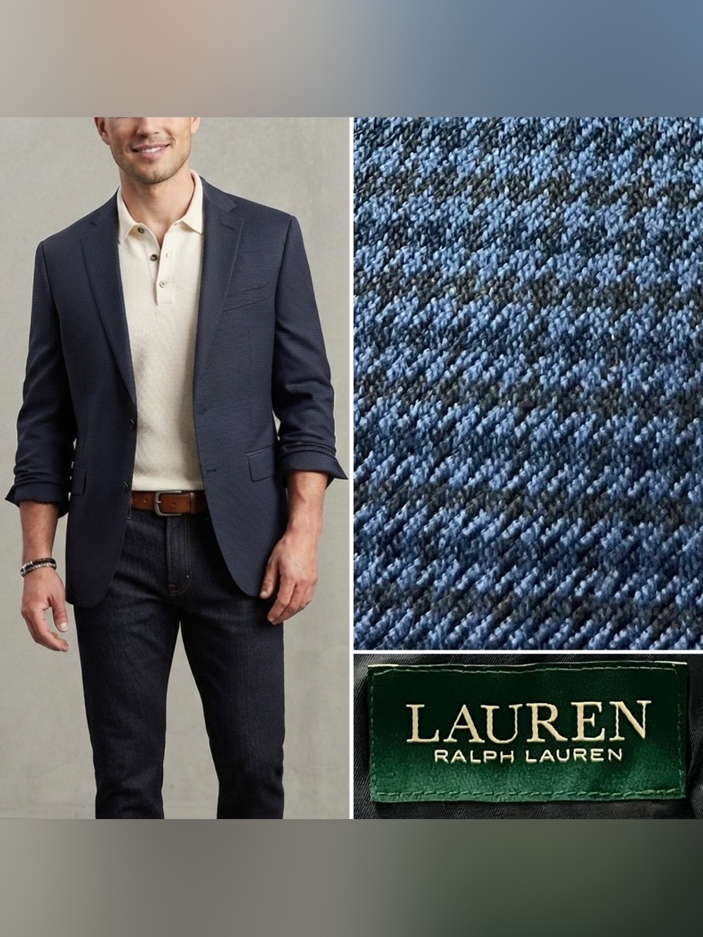 Ralph Lauren Men's 48R Navy Blue Houndstooth Blazer Jacket Sport Coat